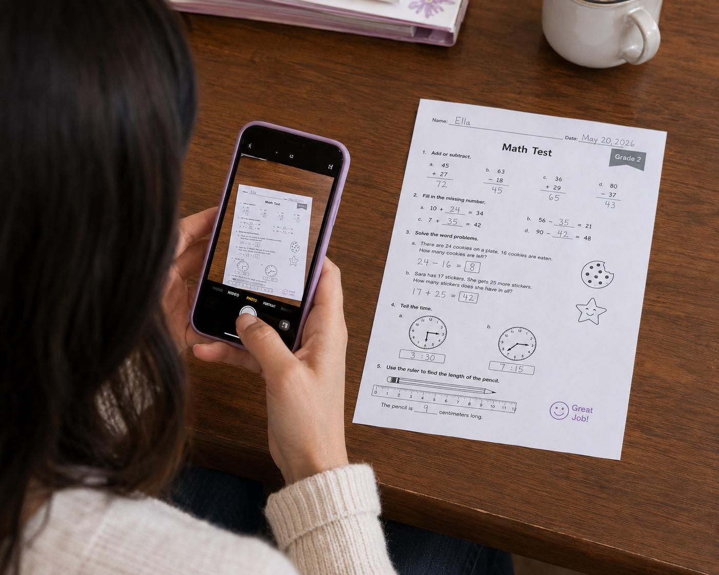 A hand holding a phone photographing a worksheet